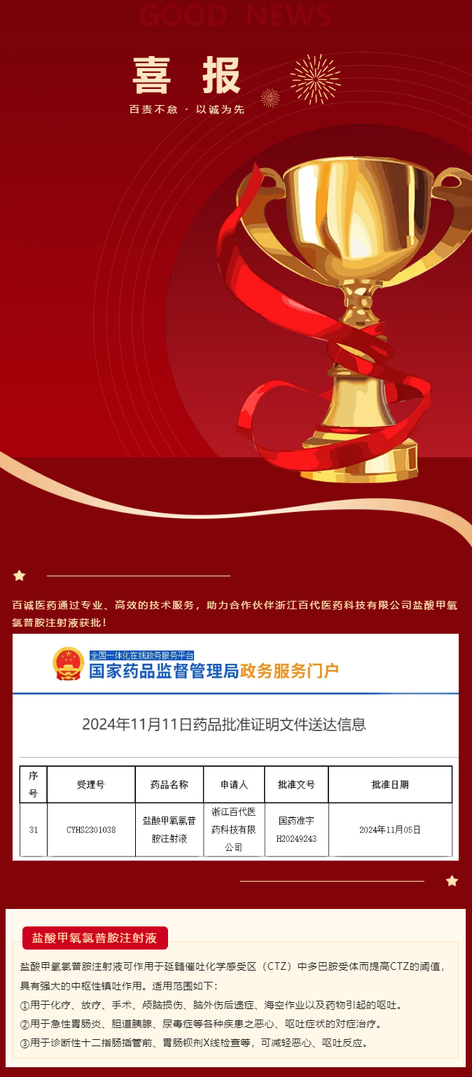 喜報(bào)！百誠(chéng)醫(yī)藥助力合作伙伴鹽酸甲氧氯普胺注射液獲批！.png