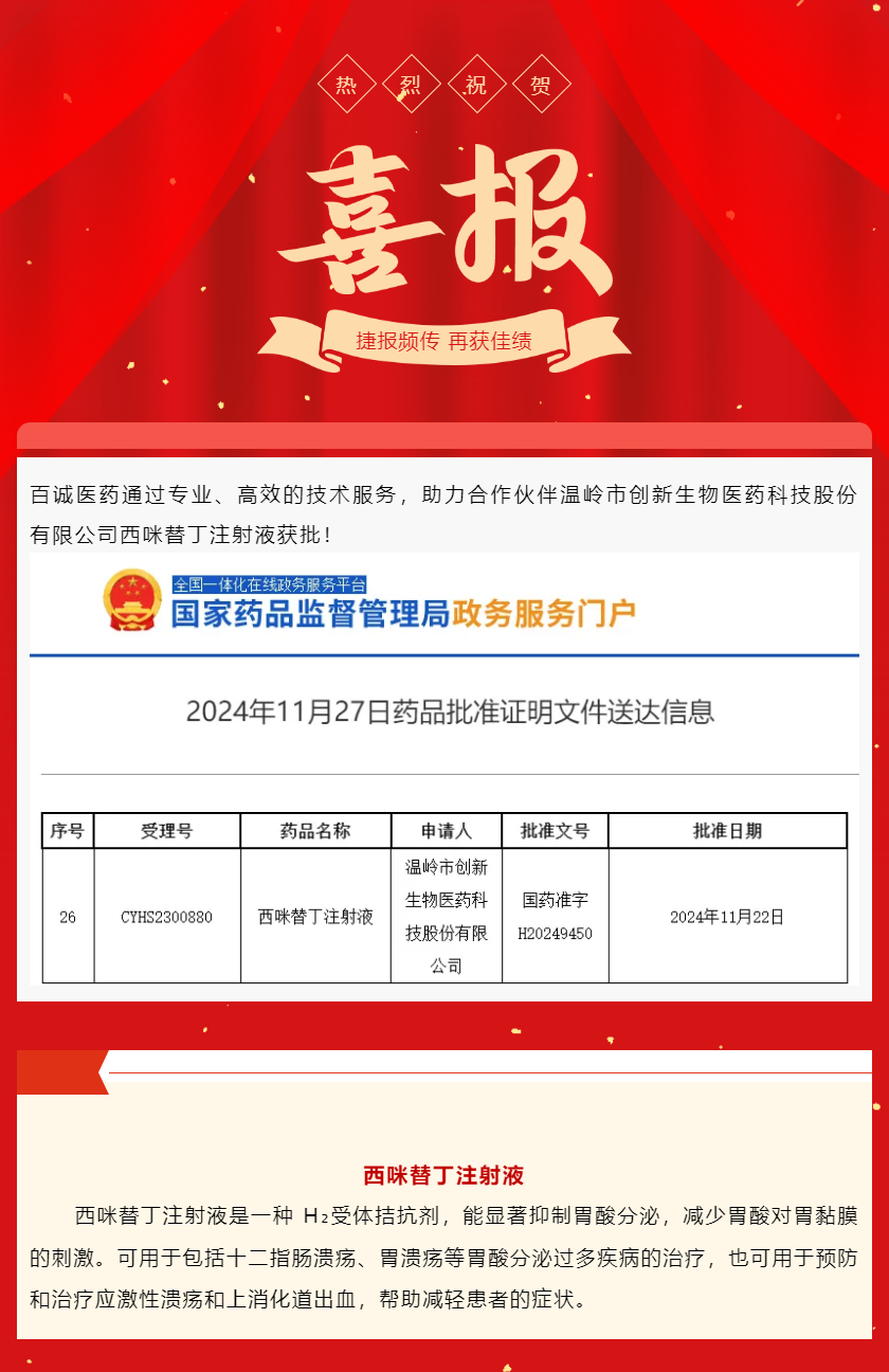 喜報(bào)！百誠醫(yī)藥助力合作伙伴西咪替丁注射液獲批！.png